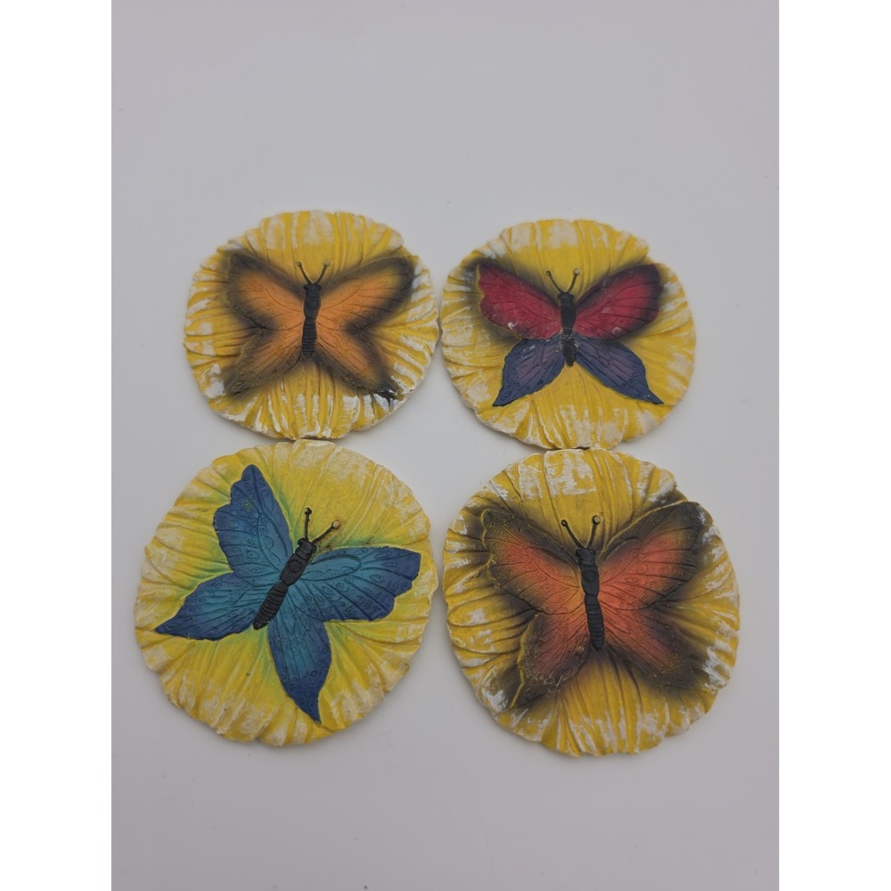 Home Interiors Butterfly Ceramic Coaster Set of 4 Vintage Multicolor Round 4"